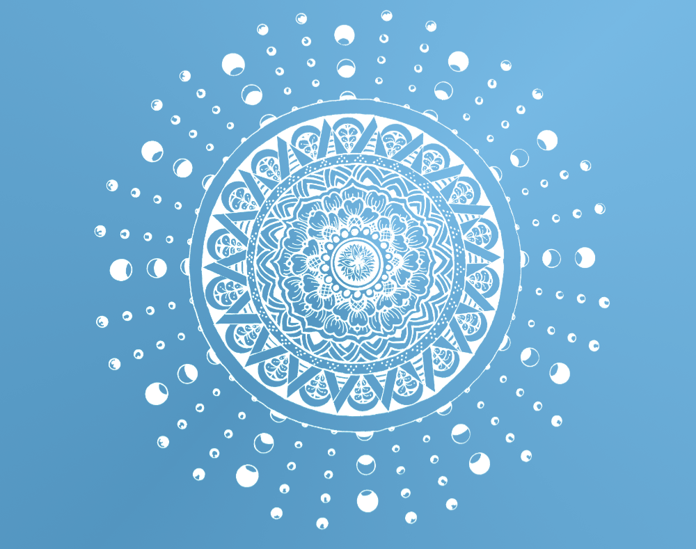 Mandala mediation on life, original black graphic pen and ink - rendered as white on blue - Joshue O'Connor