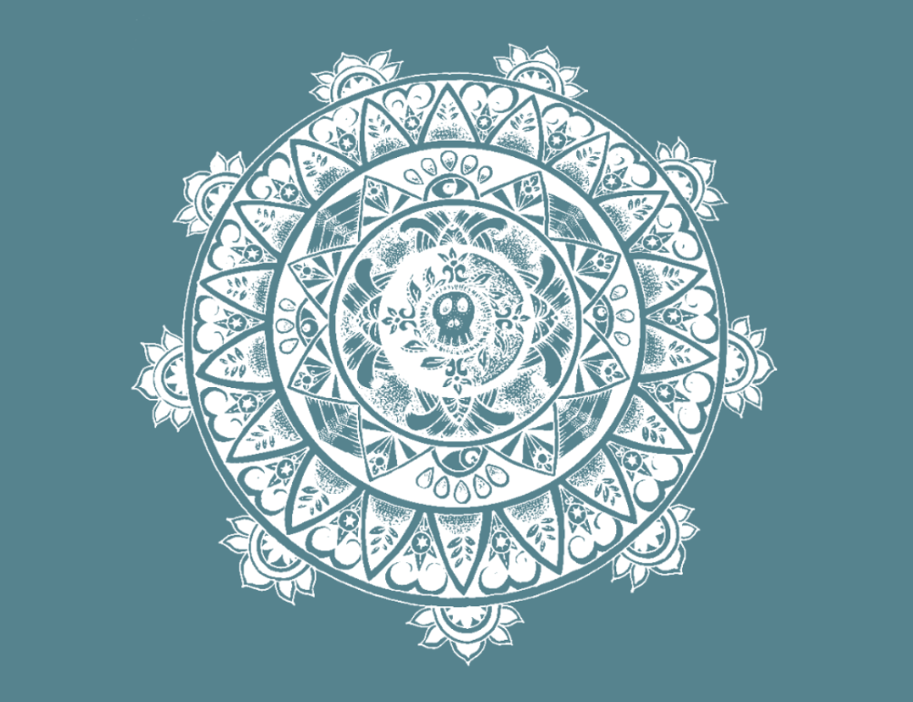 Mandala mediation on death, original black graphic pen and ink - rendered as white on blue - Joshue O'Connor